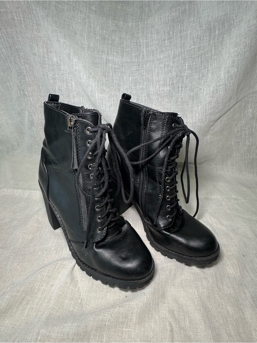 Women's Black Lace-Up Heeled Combat Boots